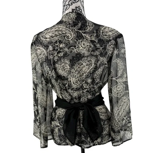 Cato Black Sheer Floral Tie Waist Chiffon Blouse Top Size L - Picture 6 of 11